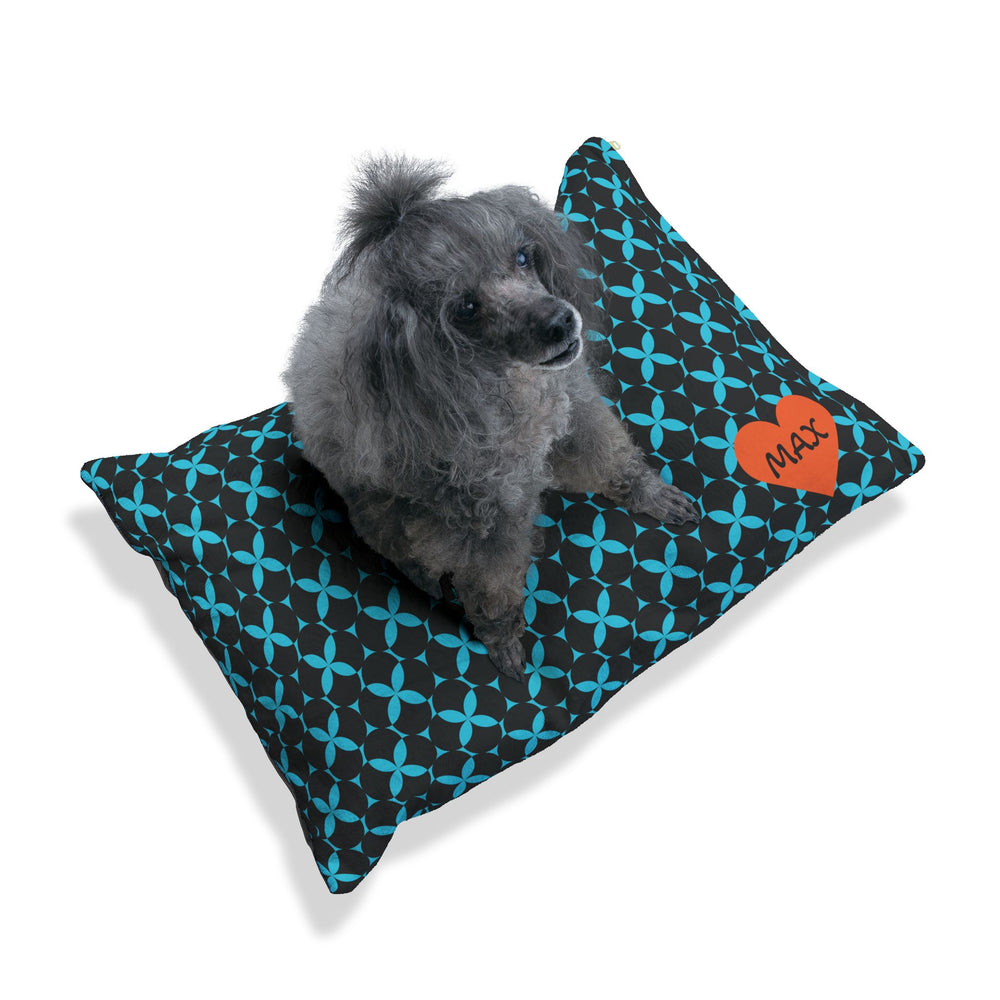 Black and blue geometric personalized pet bed, elegant dog cushion
