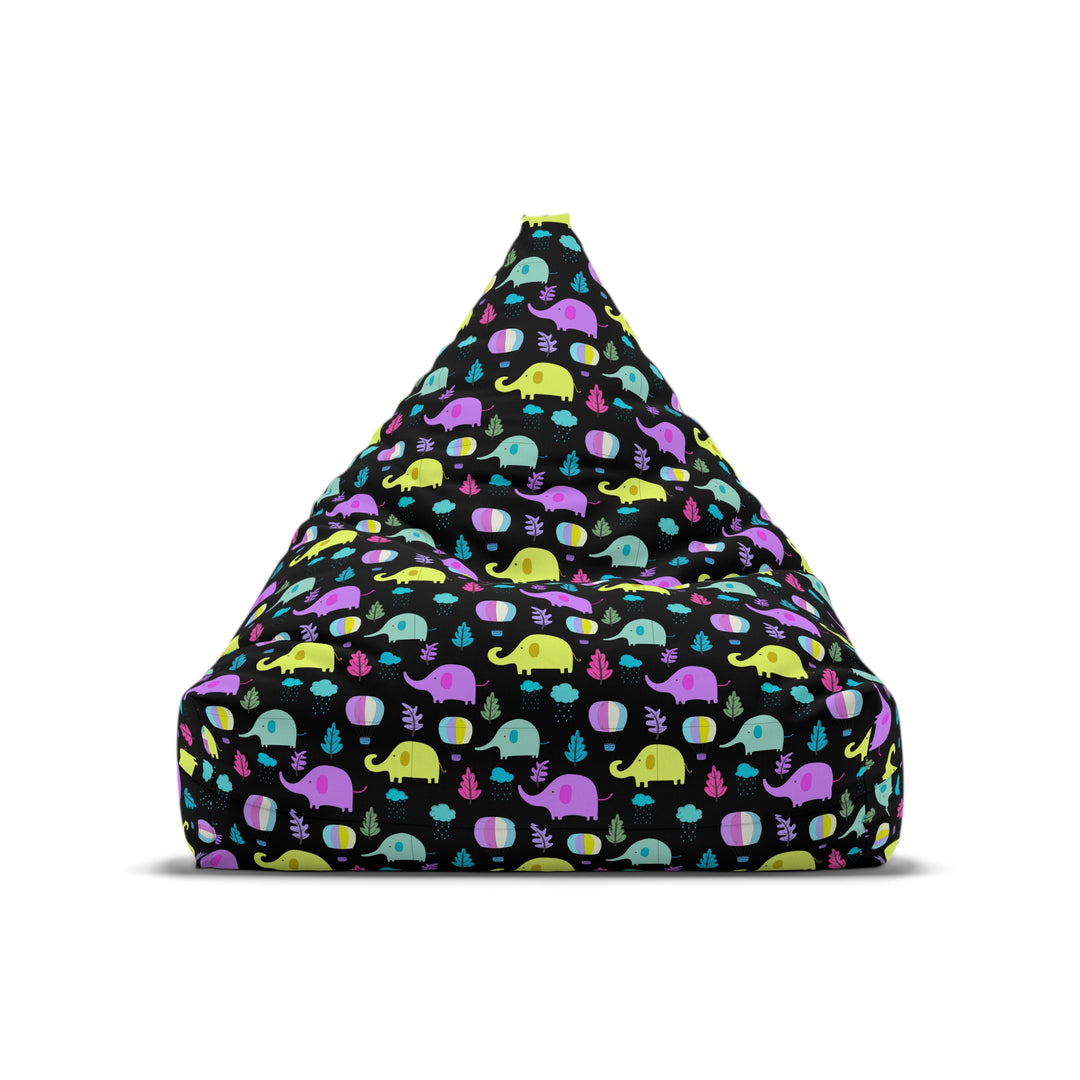 Elephant Parade, Black Bean Bag Cover, kids floor seating, animal-themed room decor