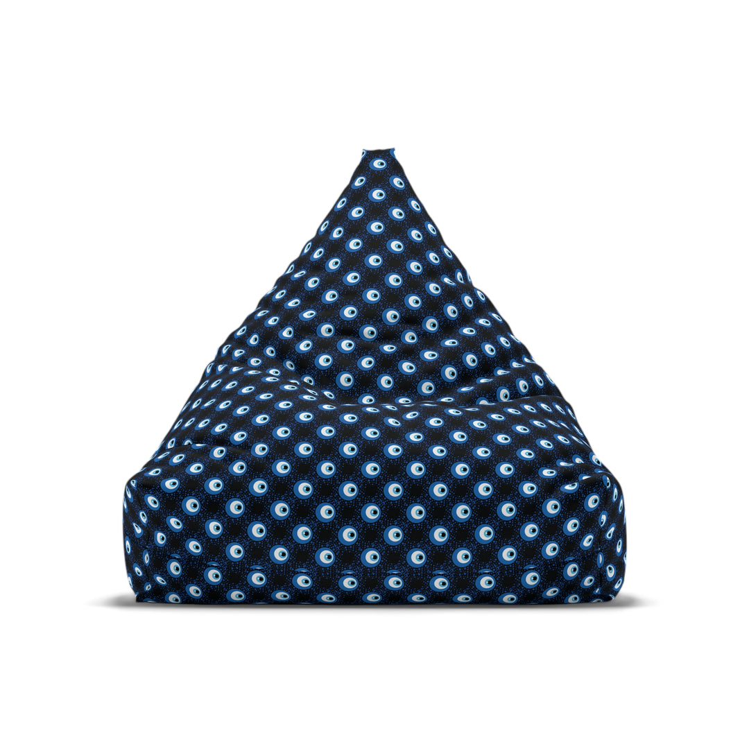 Mystic Gaze-Protective Evil Eye Black Bean Bag chair Cover, meditation room, yoga cushion, blue boho lounger