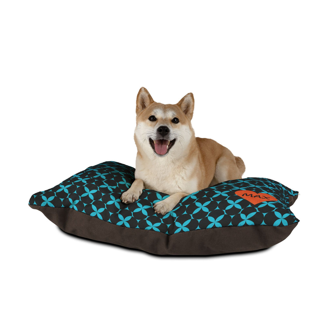Pet bed with midnight blue and black circles design, dog cushion